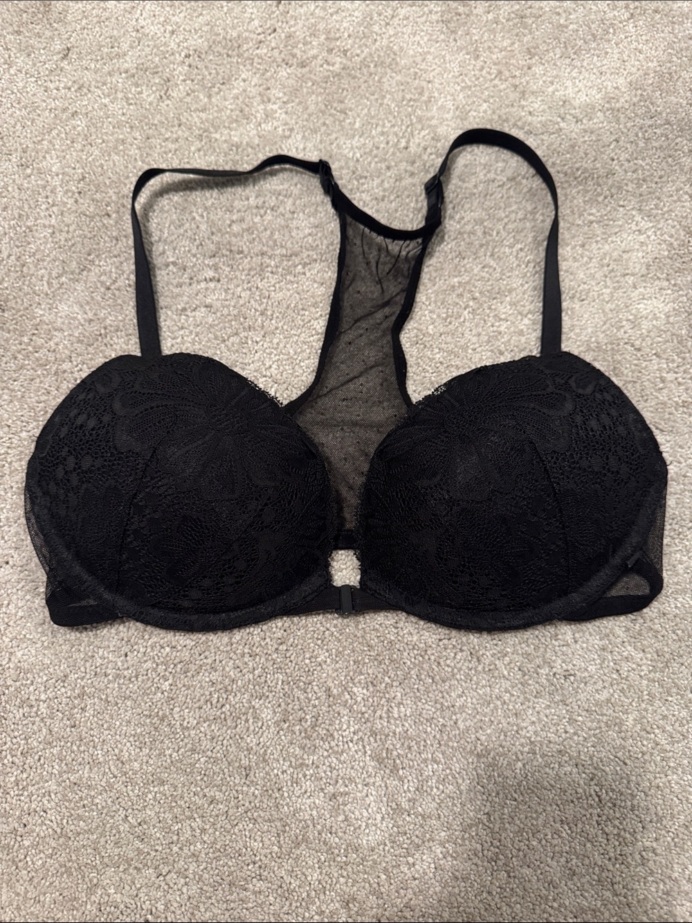 Victoria's Secret Black Lace Racerback Push-Up Bra with Mesh Panel